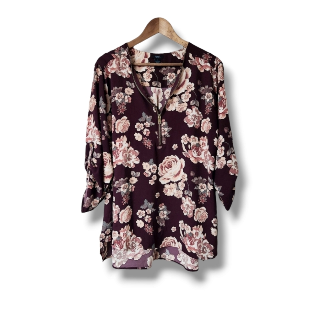 Rue 21 Floral Burgundy Rolled Sleeve Zippered V-Neck Top | 2X